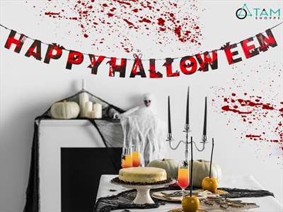 Dây banner giấy chữ Happy Halloween đỏ đen dao máu BANER-HLW-06