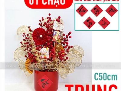 Chậu hoa tết trụ đỏ cắm đào đông rẻ quạt [3 cỡ - Khai trương - Tết] CHAUHOACS-05