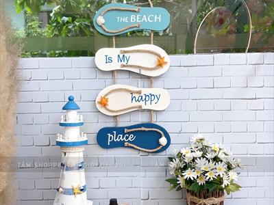 Dây treo 4 dép gỗ The beach chủ đề biển [Thủ công - Dài 53cm] DTR-BIEN-12