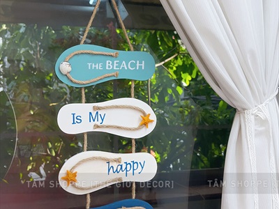 Dây treo 4 dép gỗ The beach chủ đề biển [Thủ công - Dài 53cm] DTR-BIEN-12