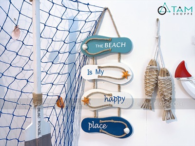 Dây treo 4 dép gỗ The beach chủ đề biển [Thủ công - Dài 53cm] DTR-BIEN-12