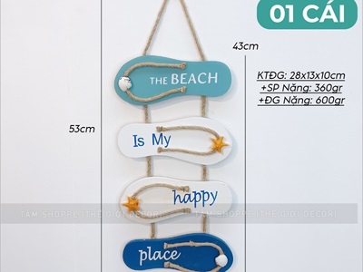 Dây treo 4 dép gỗ The beach chủ đề biển [Thủ công - Dài 53cm] DTR-BIEN-12