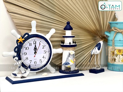 Đồng hồ bánh lái tàu để bàn kèm phụ kiện chủ đề biển [Gỗ - đa năng] DONGHO-03