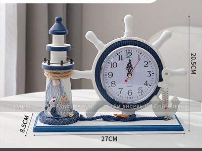 Đồng hồ bánh lái tàu để bàn kèm phụ kiện chủ đề biển [Gỗ - đa năng] DONGHO-03
