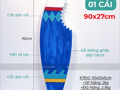 Ván lướt sóng decor cá mập cắn tông xanh dương cao 90cm [Gỗ dày - chuẩn đẹp] VLS-08