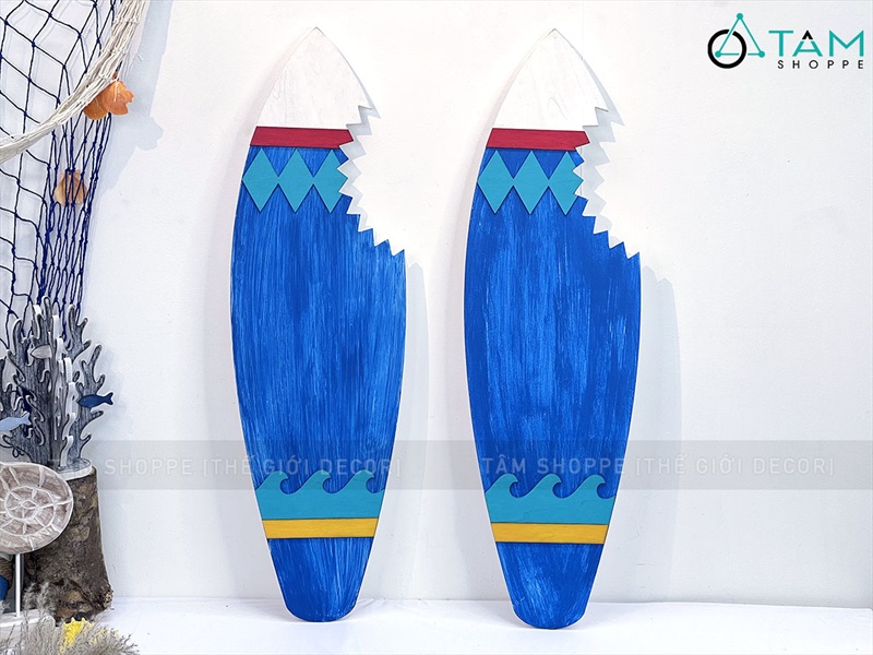 Ván lướt sóng decor cá mập cắn tông xanh dương cao 90cm [Gỗ dày - chuẩn đẹp] VLS-08