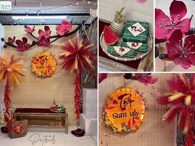 Backdrop Tết sum vầy pháo bông và cành đào Hottrend [2026 - Tâm Nguyễn Decor] CC-TET-2602
