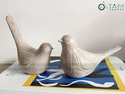 Bộ 2 con chim màu gỗ sọc chiếc lá decor [Đặc ruột - Tự đứng] TCV-CHIM-04