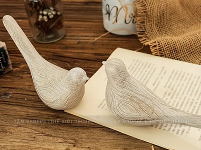 Bộ 2 con chim màu gỗ sọc chiếc lá decor [Đặc ruột - Tự đứng] TCV-CHIM-04
