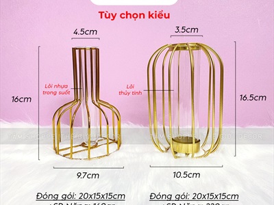 Lọ hoa kim loại vàng gold lõi trong suốt [xi mạ - sáng đẹp] BINHLOHOA-02