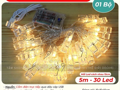 Dây đèn kẹp ảnh Led vàng ấm 5m 30 kẹp [Sáng đẹp - Kèm Pin/Cáp USB] DAYDEN-02
