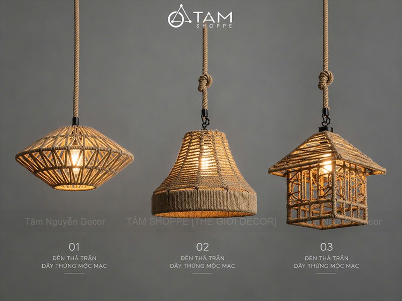 Đèn thả trần khung sắt quấn dây thừng Rustic [Nhiều kiểu - Full PK] DENTHATRAN-01