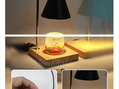 Đèn đốt nến thơm đế gỗ chụp kim loại hình nón (tặng bóng dự phòng) DENDOTNENTHOM-01