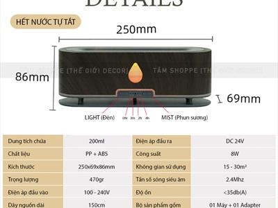 Máy khuếch tán tinh dầu ngọn lửa dài giọt nuớc [Kèm Adaptor -Tặng tinh dầu] MKTTD-32