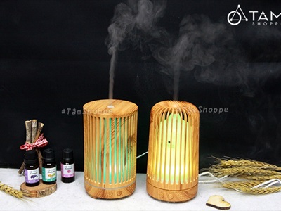 Máy khuếch tán tinh dầu trụ đứng giả gỗ phun khói siêu âm [Tặng tinh dầu] MKTTD-17