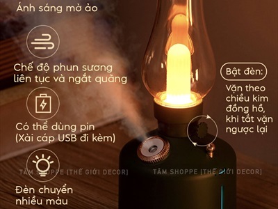 Máy phun sương tạo ẩm đèn dầu [Cáp USB - Sạc pin - Tặng thêm đầu lọc] MAYTAOAM-01