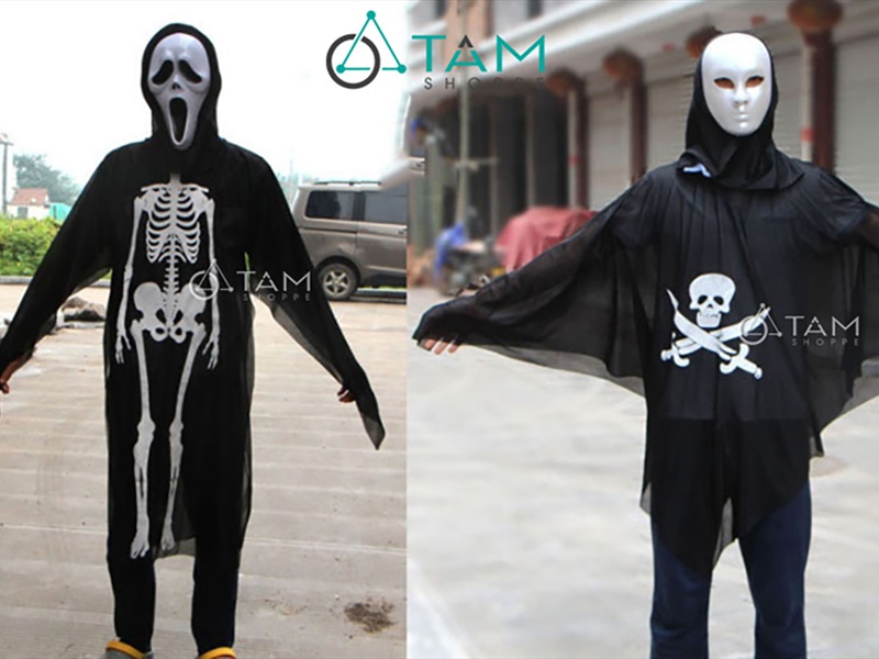 Áo choàng Halloween in hình bộ xương - đầu lâu trắng đen [Mỏng mềm - Size 70/120cm] AOCHOANG-01