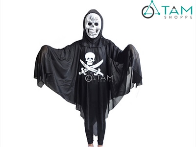 Áo choàng Halloween in hình bộ xương - đầu lâu trắng đen [Mỏng mềm - Size 70/120cm] AOCHOANG-01