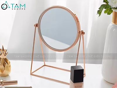 Gương tròn để bàn đế kim loại chữ A màu rose gold [ĐK15cm - chuẩn đẹp] GUONG-01