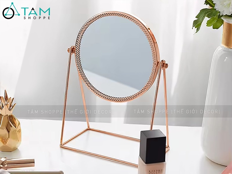 Gương tròn để bàn đế kim loại chữ A màu rose gold [ĐK15cm - chuẩn đẹp] GUONG-01