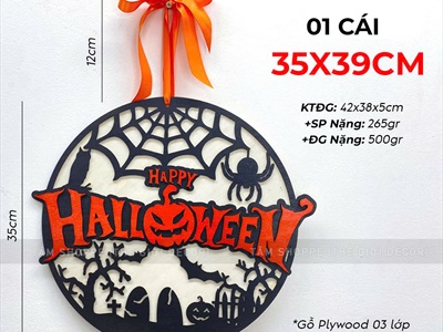 Bảng treo cửa Halloween nghĩa địa đen cam tròn [ĐK35cm - Bằng gỗ] BANGTREO-HLW-01