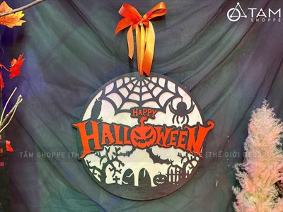 Bảng treo cửa Halloween nghĩa địa đen cam tròn [ĐK35cm - Bằng gỗ] BANGTREO-HLW-01