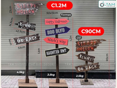 Cây chỉ đường Halloween gỗ nâu giả cũ Sleepy Hollow [Tháo lắp - Nhiều kiểu] CHIDUONG-HLW-03