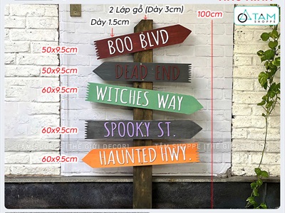 Cây mũi tên chỉ đường Halloween gỗ pallet BOO BLVD [Tháo lắp - Giả cũ] CHIDUONG-HLW-02