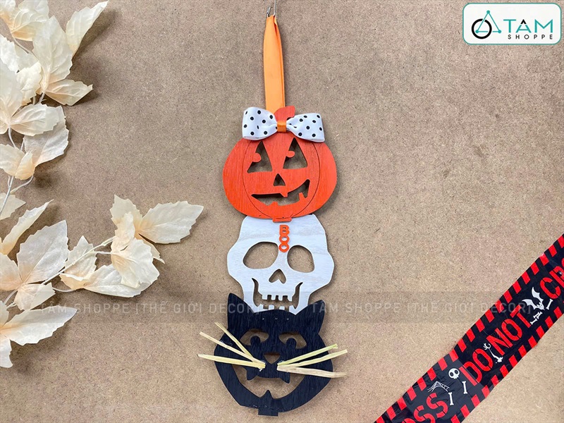 Dây treo Halloween gỗ bí sọ mèo dài 40cm [Nghộ nghĩnh - Gỗ] DTR-HLW-04