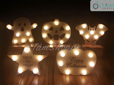 Đèn bàn Halloween gỗ chấm bi Led [10-12cm - Nhiều kiểu] DENBAN-03