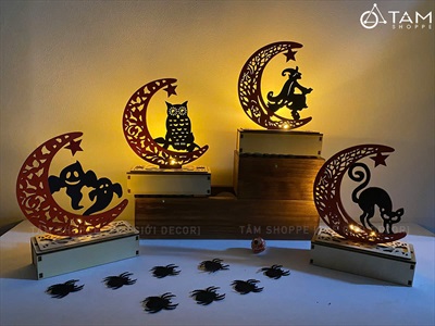 Đèn bàn Halloween trăng khuyết hoạ tiết [Cao 19cm - Nhiều kiểu] DENBAN-04