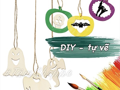 Hộp 36 phụ kiện treo Halloween bằng gỗ ĐK8-10cm [Dùng tô màu - Nhiều kiểu] PKTR-HLW-02