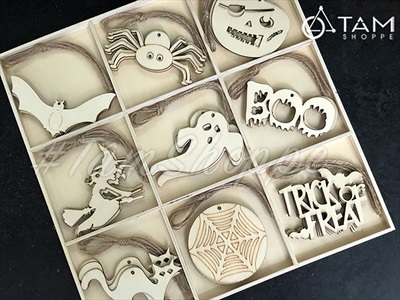Hộp 36 phụ kiện treo Halloween bằng gỗ ĐK8-10cm [Dùng tô màu - Nhiều kiểu] PKTR-HLW-02