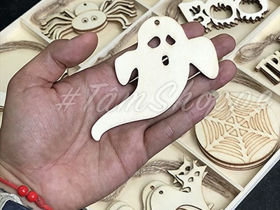 Hộp 36 phụ kiện treo Halloween bằng gỗ ĐK8-10cm [Dùng tô màu - Nhiều kiểu] PKTR-HLW-02