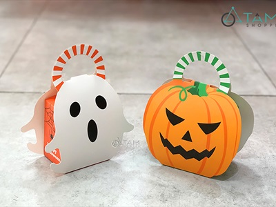 Hộp giấy đựng kẹo Halloween bí ngô ma trắng DIY tự lắp ráp [Cứng cáp - Ráp dễ] DUNGKEO-01