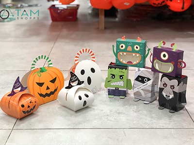 Hộp giấy đựng kẹo Halloween bí ngô ma trắng DIY tự lắp ráp [Cứng cáp - Ráp dễ] DUNGKEO-01