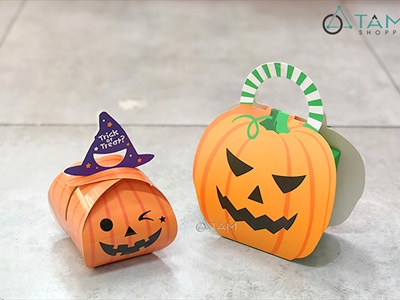 Hộp giấy đựng kẹo Halloween bí ngô ma trắng DIY tự lắp ráp [Cứng cáp - Ráp dễ] DUNGKEO-01