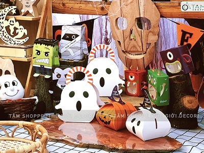 Hộp giấy đựng kẹo Halloween bí ngô ma trắng DIY tự lắp ráp [Cứng cáp - Ráp dễ] DUNGKEO-01