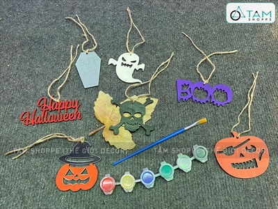 Set 07 phụ kiện treo Halloween bằng gỗ DIY ĐK8-10cm [Dùng tô màu - Nhiều kiểu] PKTR-HLW-01