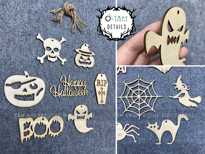 Set 07 phụ kiện treo Halloween bằng gỗ DIY ĐK8-10cm [Dùng tô màu - Nhiều kiểu] PKTR-HLW-01