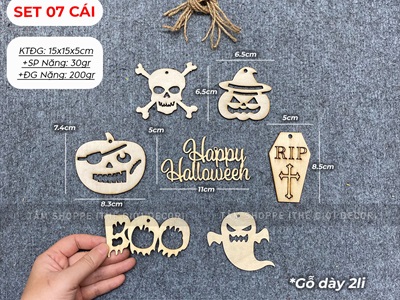 Set 07 phụ kiện treo Halloween bằng gỗ DIY ĐK8-10cm [Dùng tô màu - Nhiều kiểu] PKTR-HLW-01