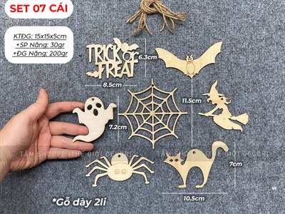 Set 07 phụ kiện treo Halloween bằng gỗ DIY ĐK8-10cm [Dùng tô màu - Nhiều kiểu] PKTR-HLW-01