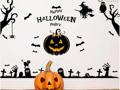 Set Decal Halloween chủ đề bí ngô hắc ám khổ 1.4x0.9m DECAL-HLW1409-01