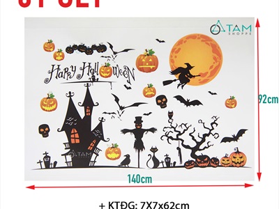 Set Decal Halloween chủ đề Phù thủy đêm trăng khổ 1.4x0.9m DECAL-HLW1409-02