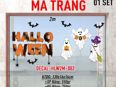 Set Decal Halloween chủ đề Ôh ba ma trắng khổ lớn 2x2m DECAL-HLW2M-002