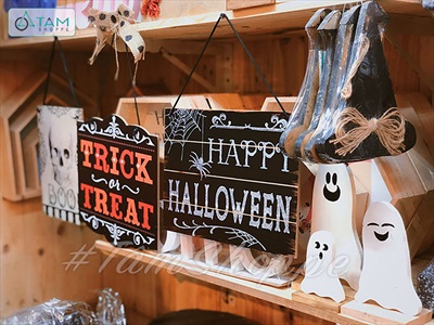 Tranh gỗ Halloween ép giấy 3 kiểu [Dây treo - nền gỗ] TRANHGO-11