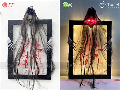 Tranh gỗ Halloween ma nữ kính bể có đèn [30x45cm - sẵn pin] TRANHGO-09
