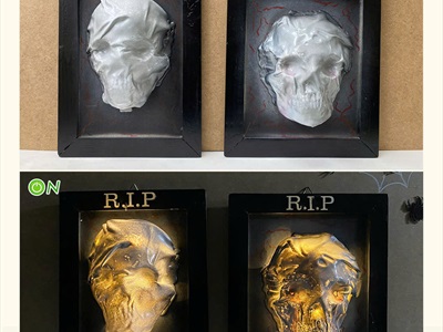 Tranh gỗ Halloween RIP đầu lâu xám có đèn [25x30cm - sẵn pin] TRANHGO-10