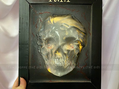 Tranh gỗ Halloween RIP đầu lâu xám có đèn [25x30cm - sẵn pin] TRANHGO-10