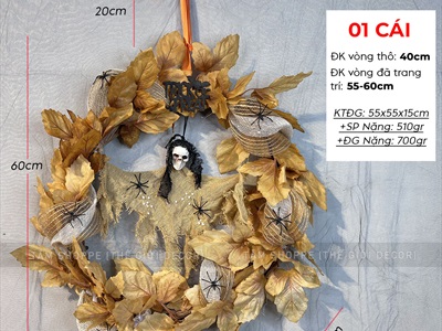 Vòng treo cửa Halloween con ma vải bố lá khô [ĐK 55-60cm - Hàng đẹp] VTC-HLW-02